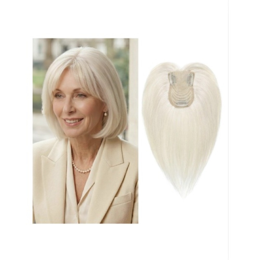SEIKEA 10in Human Hair Topper with Bangs Platinum Blonde Clip In Hairpiece 22g